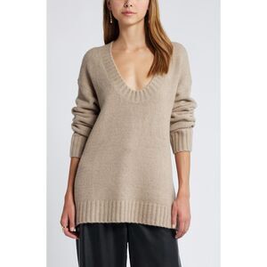 Open Edit Womens V-Neck Tunic Sweater Size M Medium Soft Beige Coffee